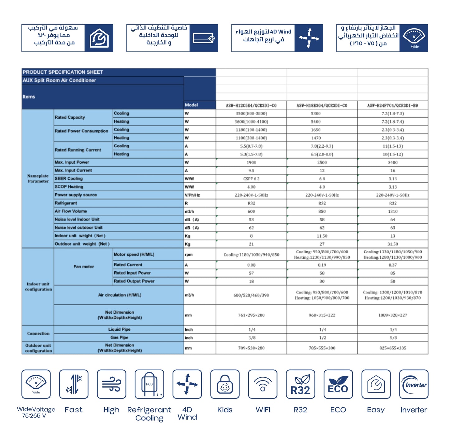 AUX Split Air Conditioner, 1.5 HP, Inverter, Cooling/Heating, Model QE