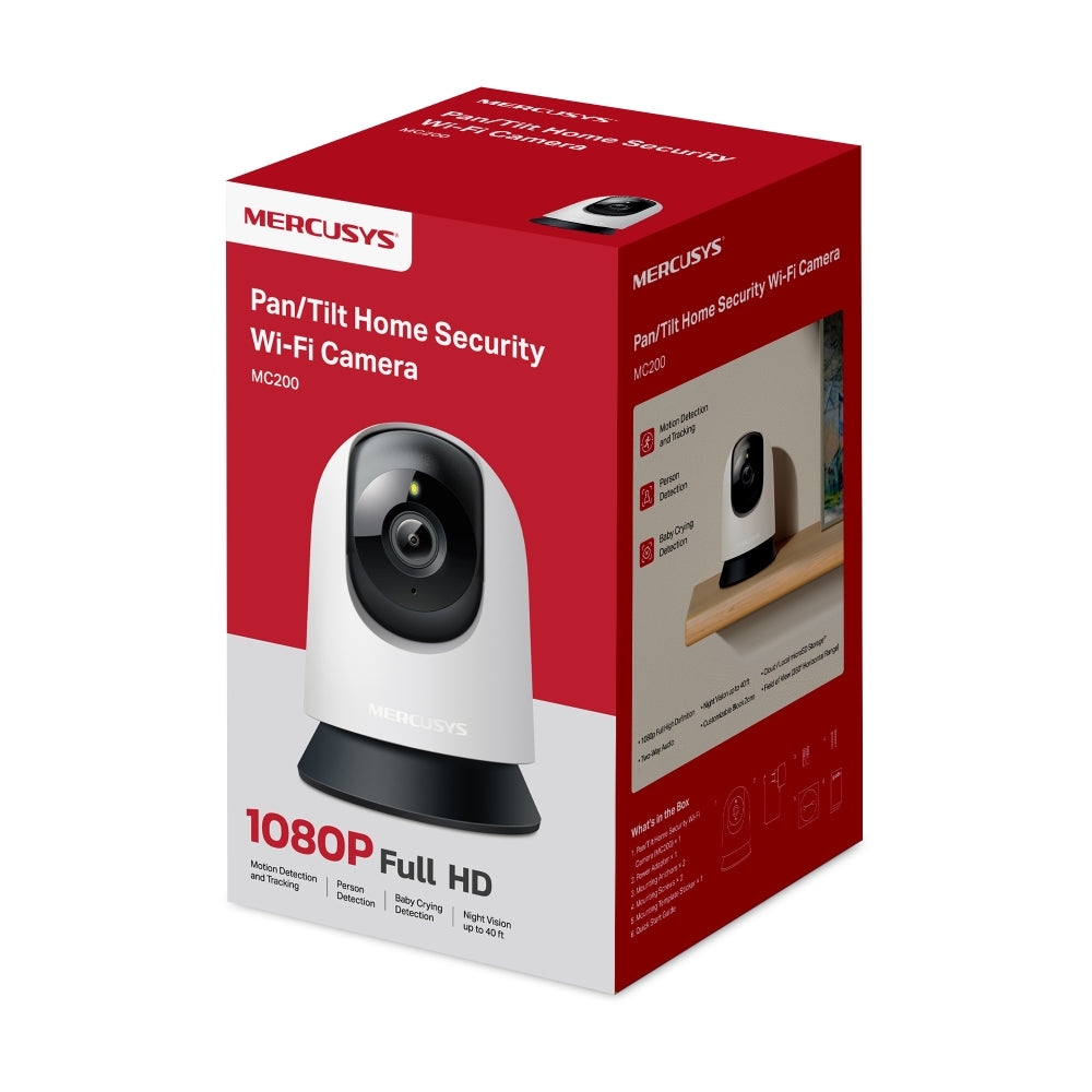 Mercusys, MC200 Pan & Tilt Home Security Wi-Fi Camera,360° horizontal, enabling complete coverage of the area,1080p high-definition video, providing users with clear and detailed footage, Two-Way Audio.
