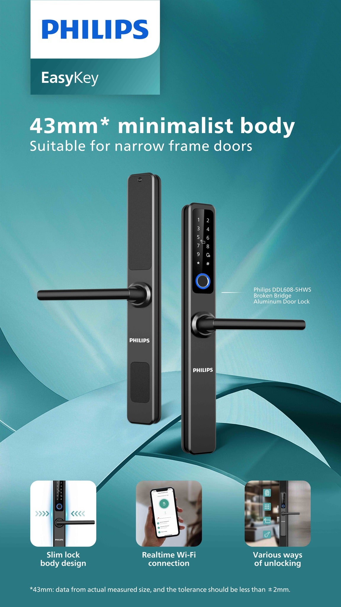 Philips DDL608‑5HWS Slim Smart Door Lock (Fingerprint + PIN + RFID + Wi‑Fi Control)