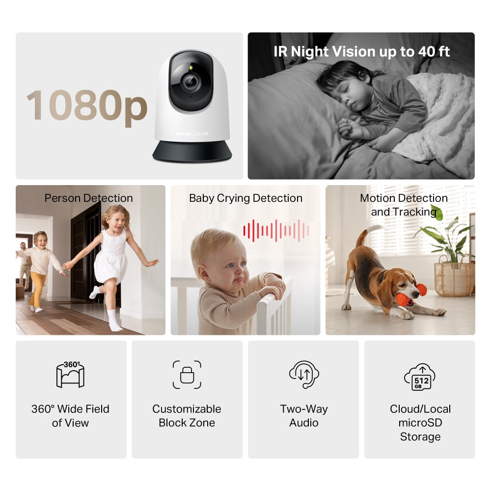 Mercusys, MC200 Pan & Tilt Home Security Wi-Fi Camera,360° horizontal, enabling complete coverage of the area,1080p high-definition video, providing users with clear and detailed footage, Two-Way Audio.