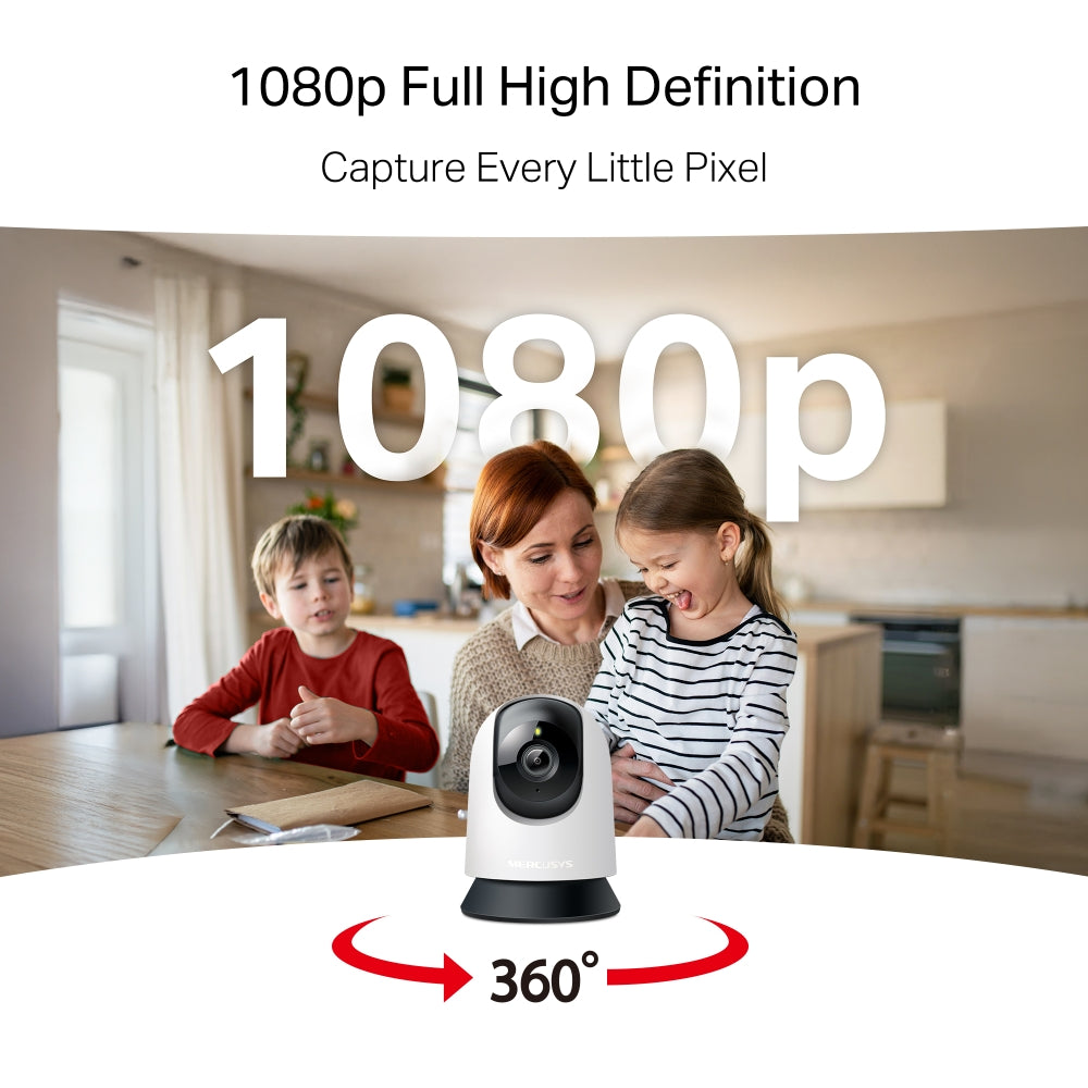 Mercusys, MC200 Pan & Tilt Home Security Wi-Fi Camera,360° horizontal, enabling complete coverage of the area,1080p high-definition video, providing users with clear and detailed footage, Two-Way Audio.